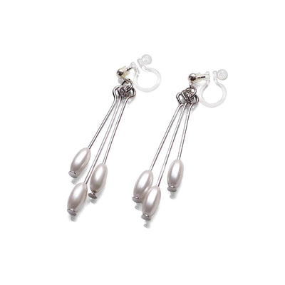 Dangle white pearls & silver sticks invisible clip on earrings - Miyabi Grace