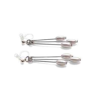 Dangle white pearls & silver sticks invisible clip on earrings - Miyabi Grace
