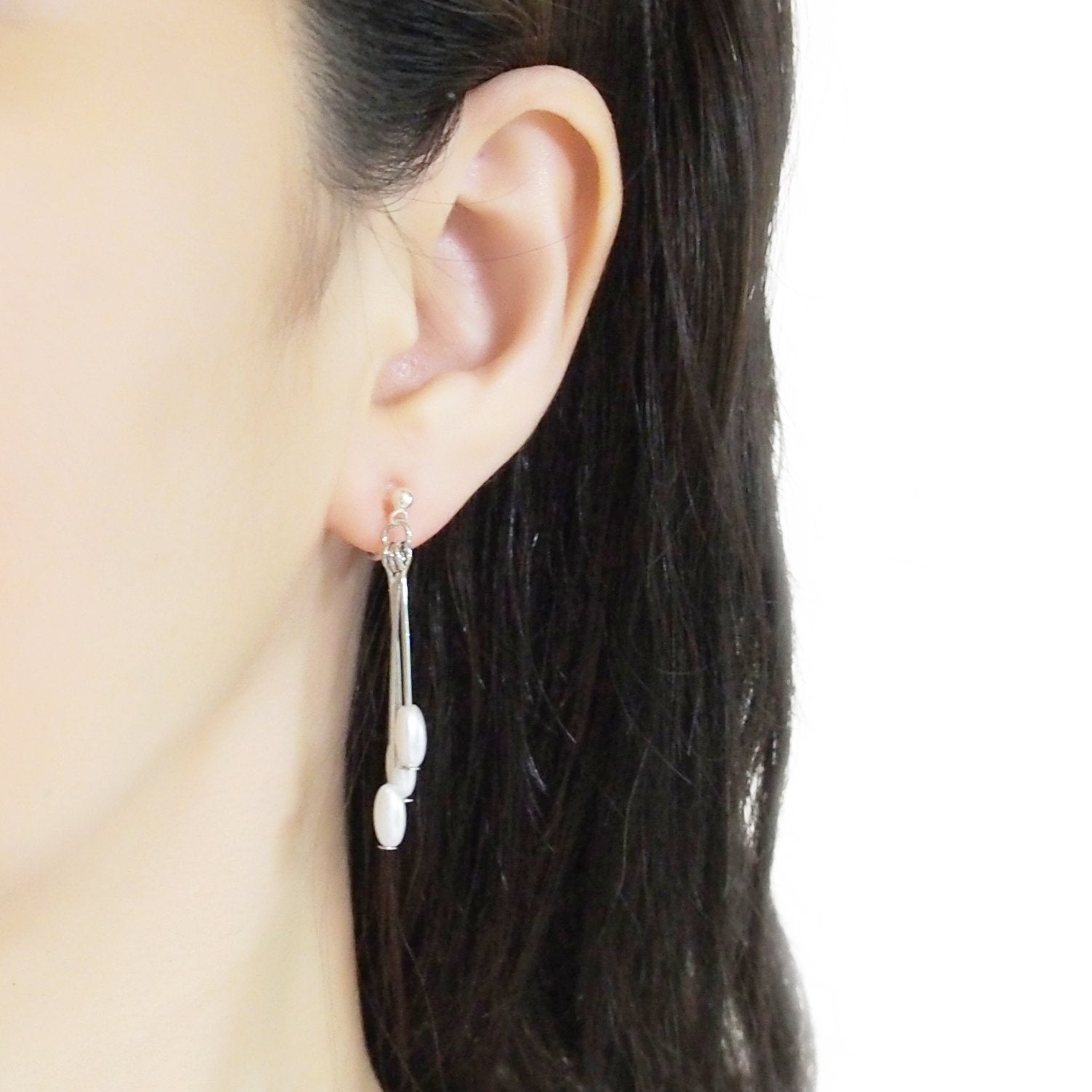 Dangle white pearls & silver sticks invisible clip on earrings - Miyabi Grace