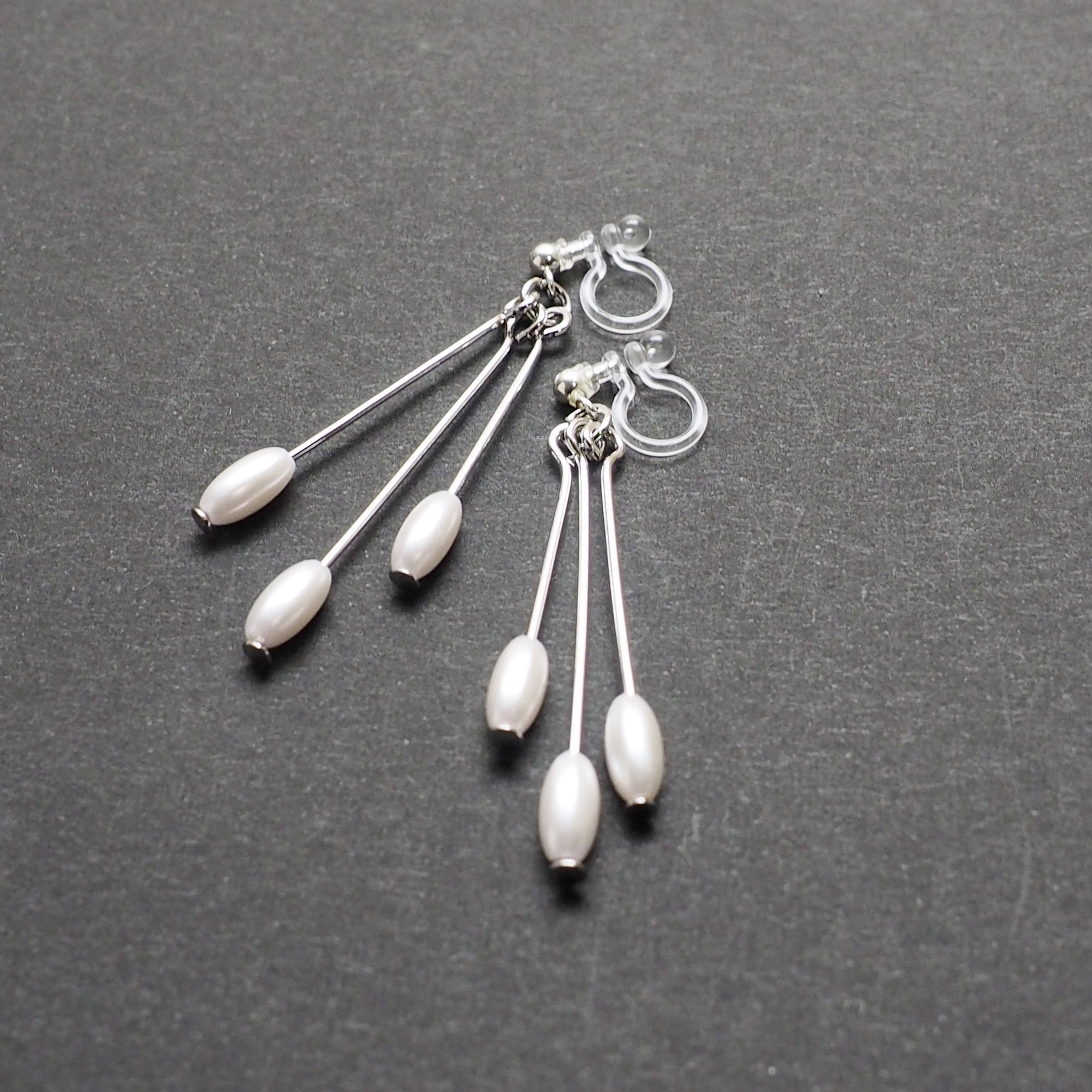 Dangle white pearls & silver sticks invisible clip on earrings - Miyabi Grace