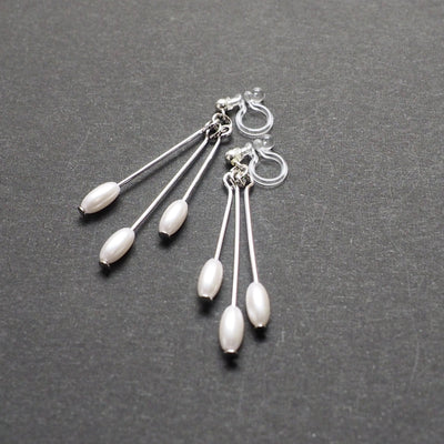 Dangle white pearls & silver sticks invisible clip on earrings - Miyabi Grace