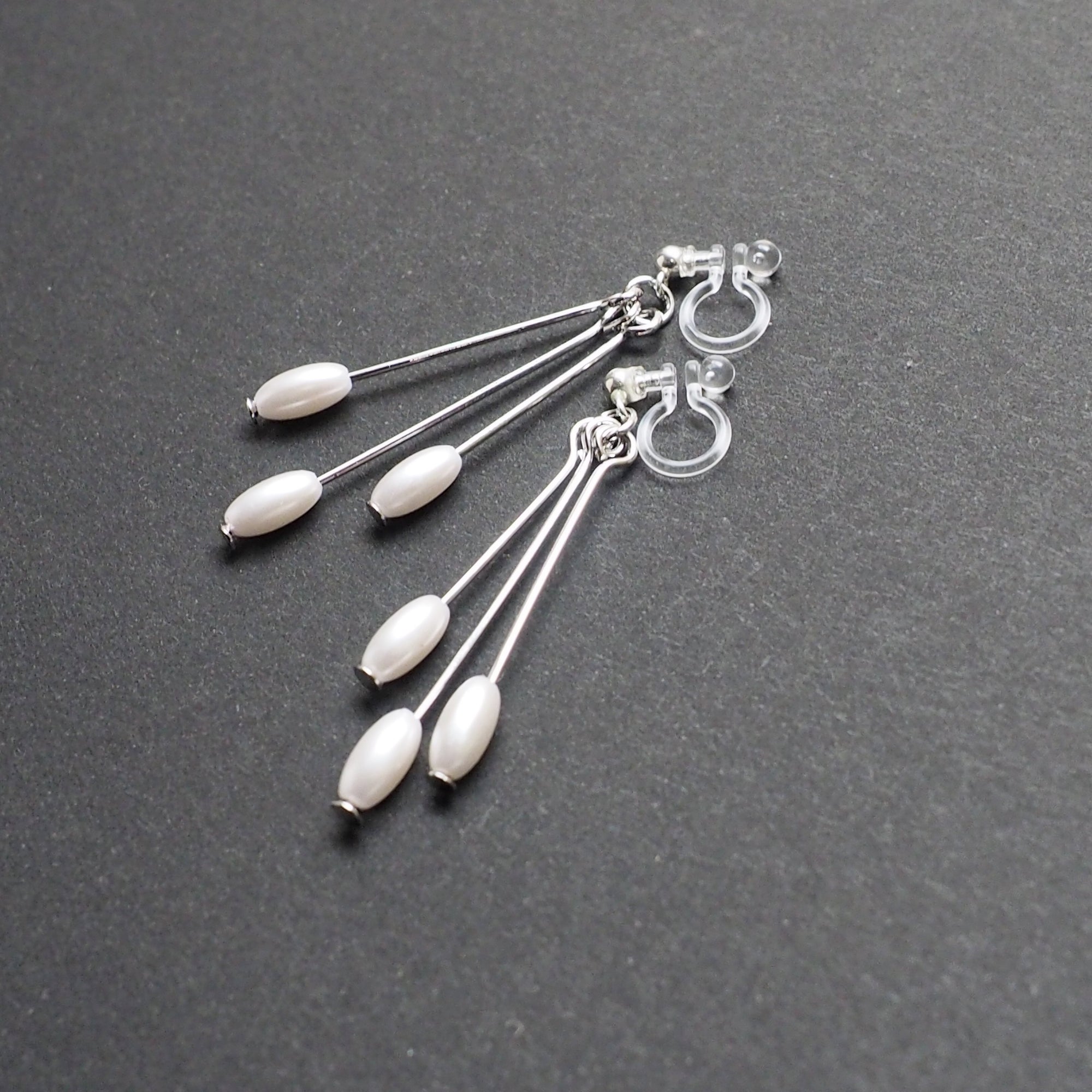 Dangle white pearls & silver sticks invisible clip on earrings - Miyabi Grace