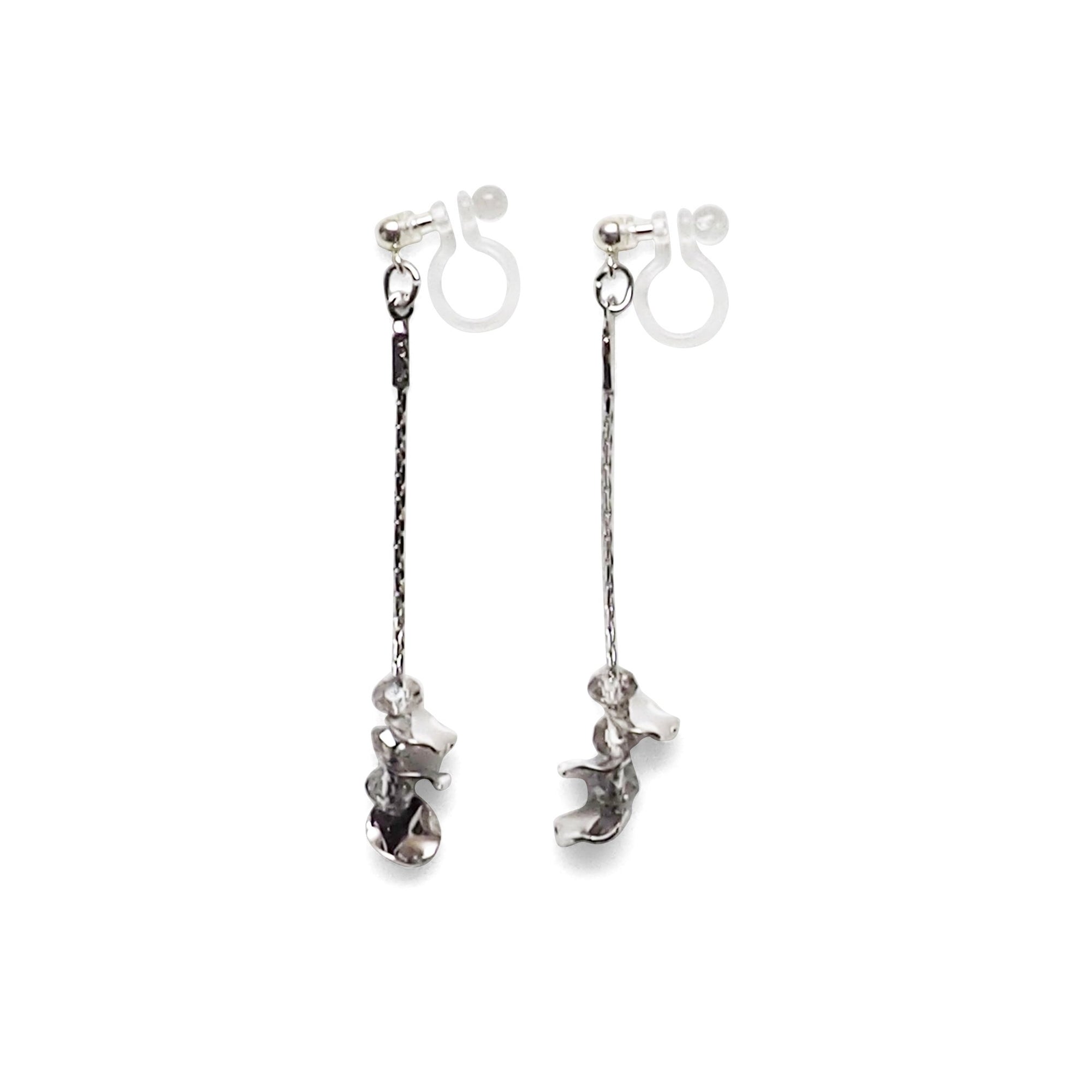 Dangle clear crystal & silver coin invisible clip on earrings - Miyabi Grace