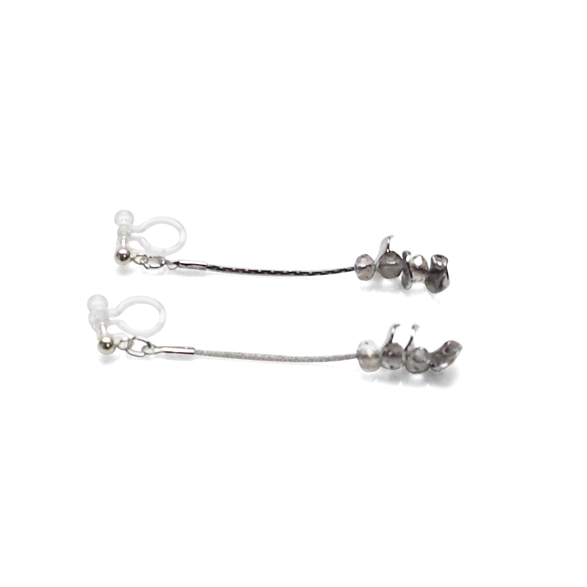 Dangle clear crystal & silver coin invisible clip on earrings - Miyabi Grace