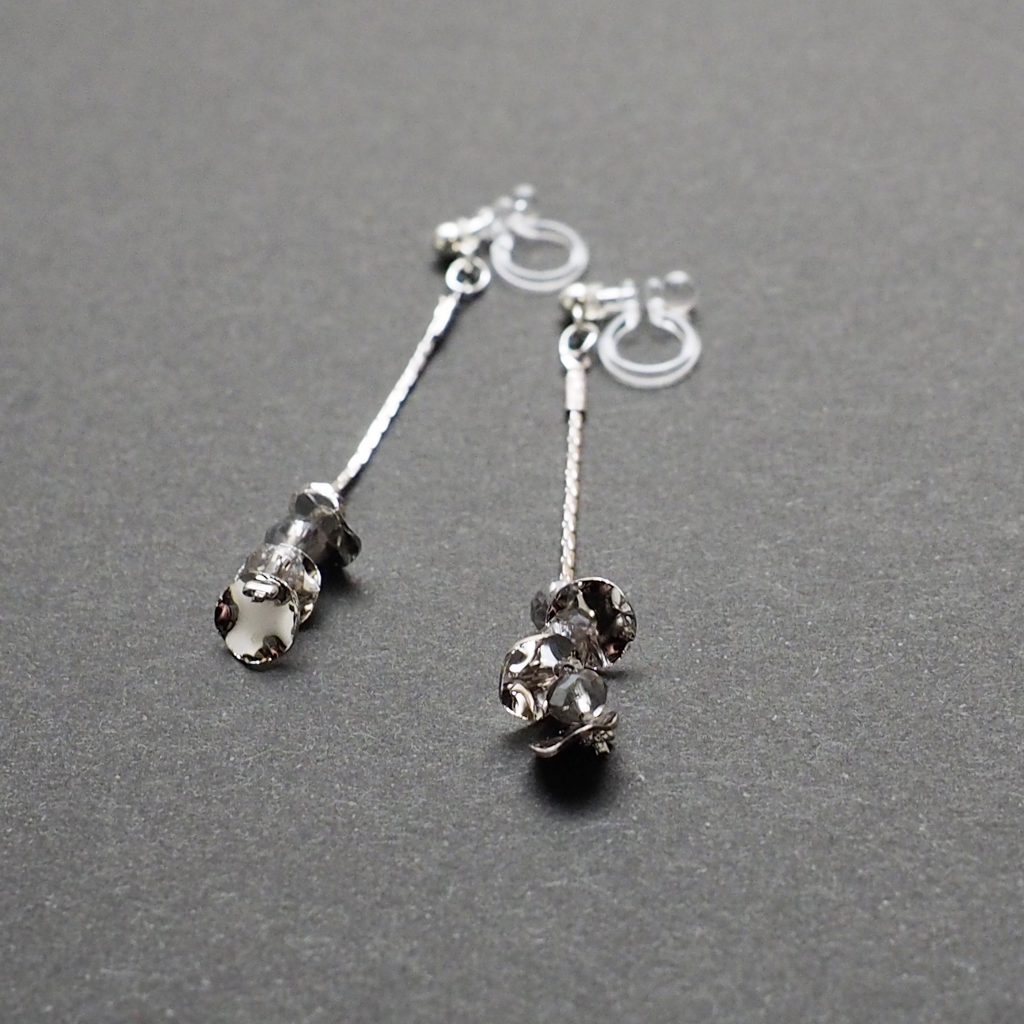 Dangle clear crystal & silver coin invisible clip on earrings - Miyabi Grace