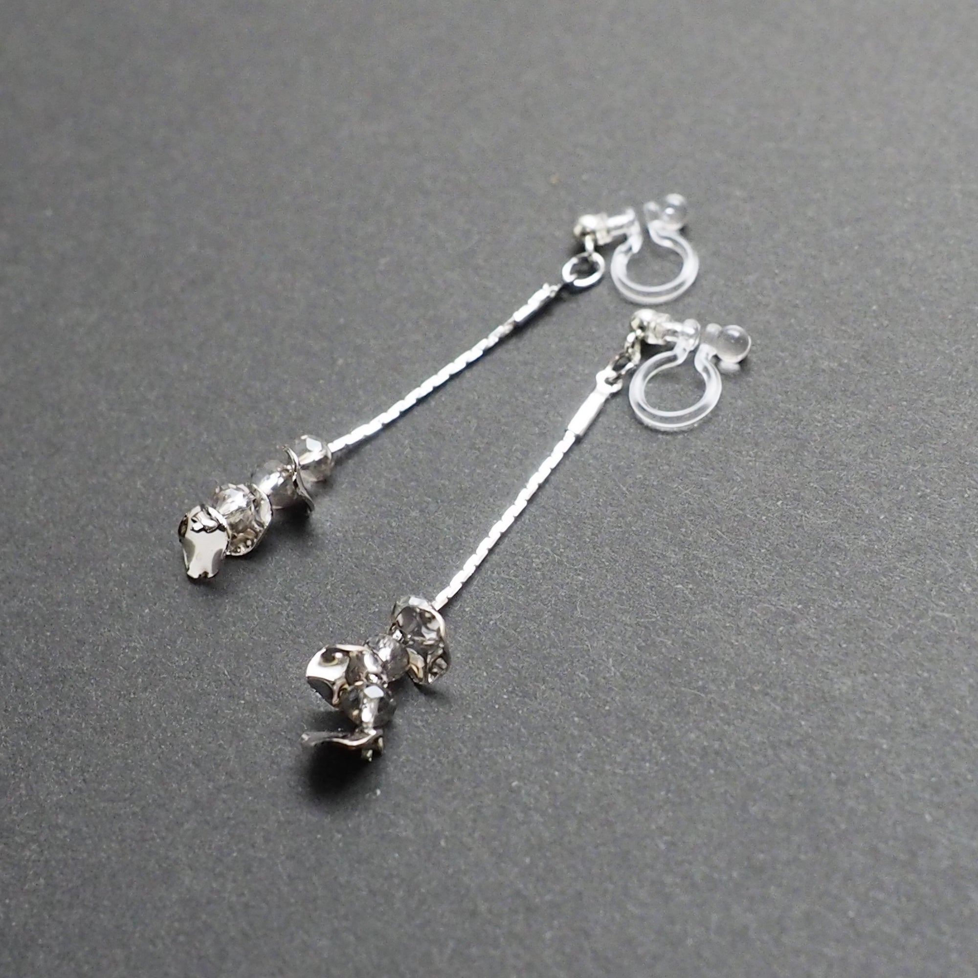 Dangle clear crystal & silver coin invisible clip on earrings - Miyabi Grace
