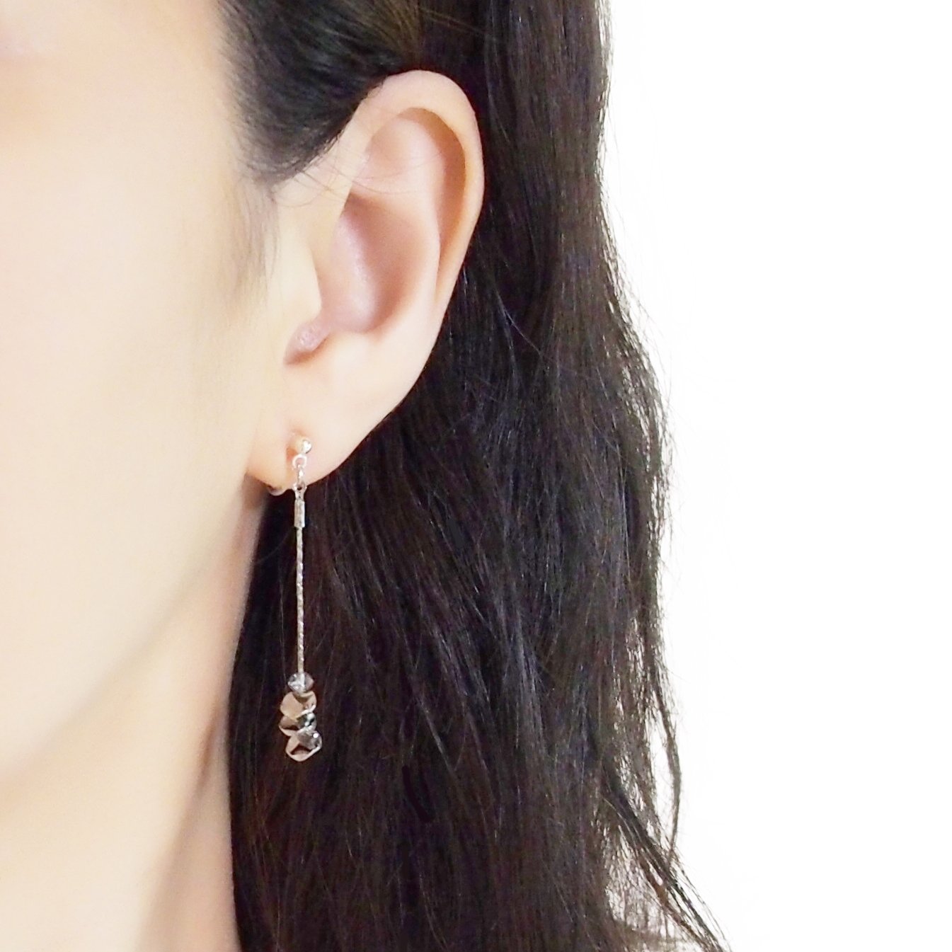 Dangle clear crystal & silver coin invisible clip on earrings - Miyabi Grace