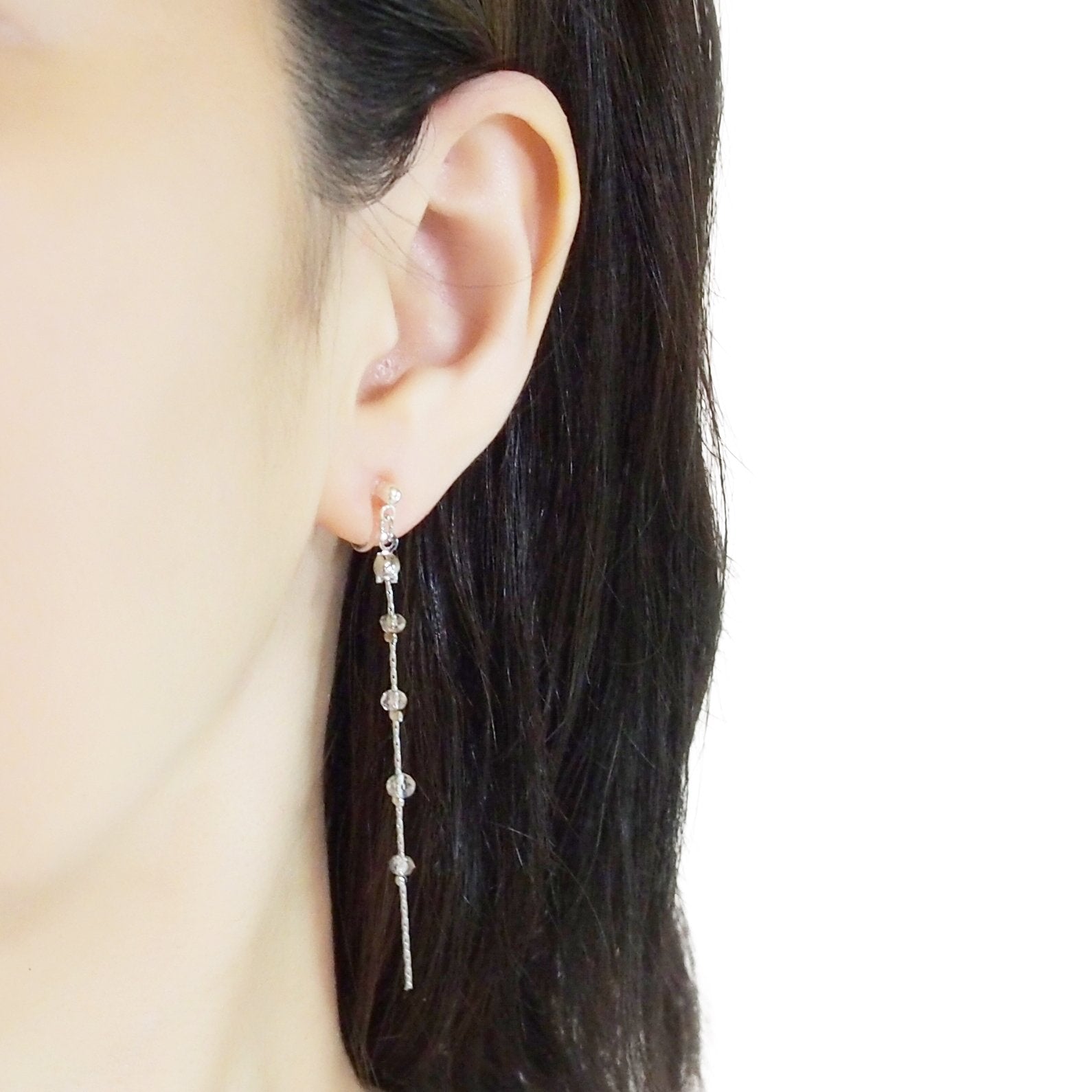Dangle silver chain & gray crystal invisible clip on earrings - Miyabi Grace
