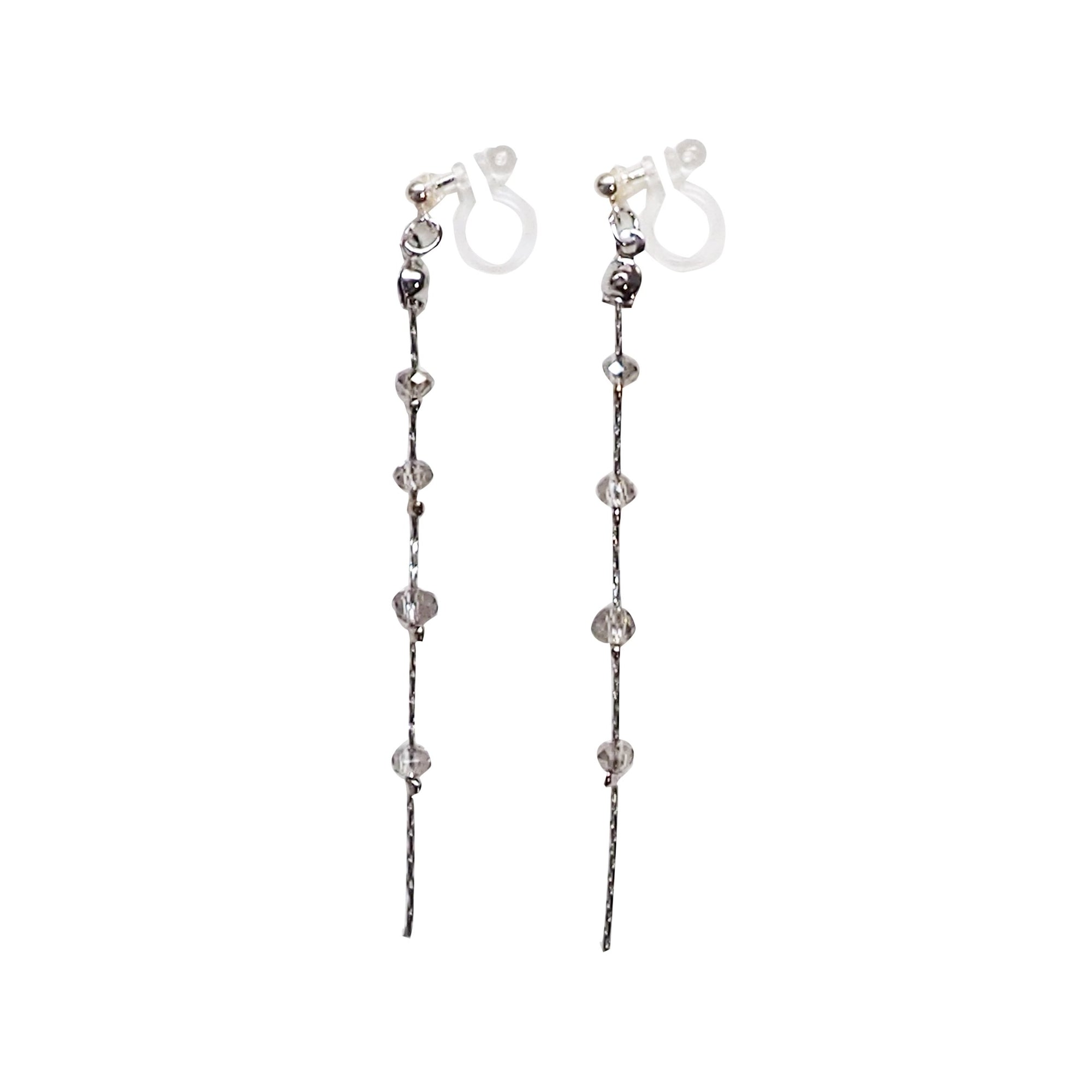 Dangle silver chain & gray crystal invisible clip on earrings - Miyabi Grace