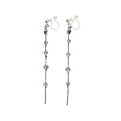 Dangle silver chain & gray crystal invisible clip on earrings - Miyabi Grace