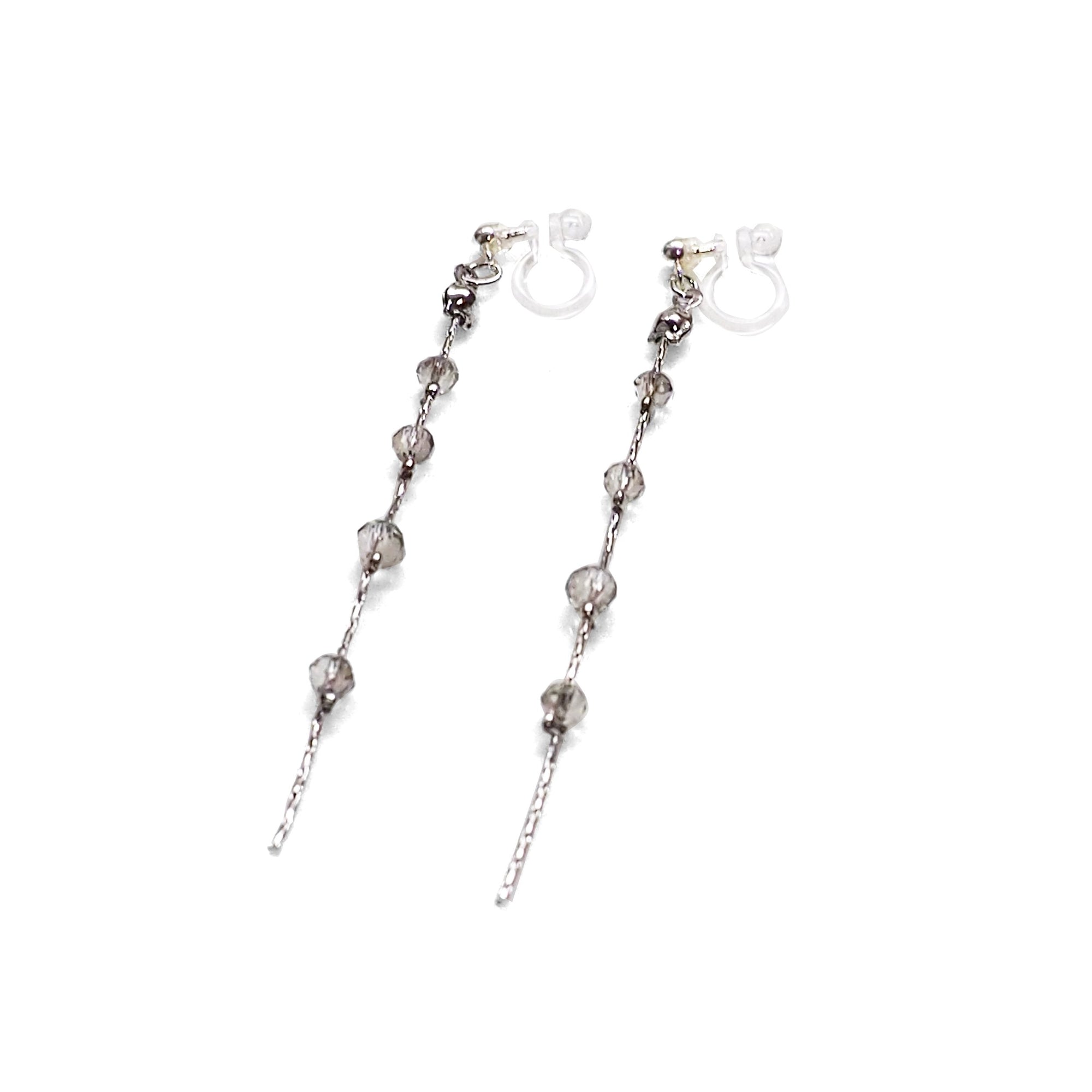 Dangle silver chain & gray crystal invisible clip on earrings - Miyabi Grace
