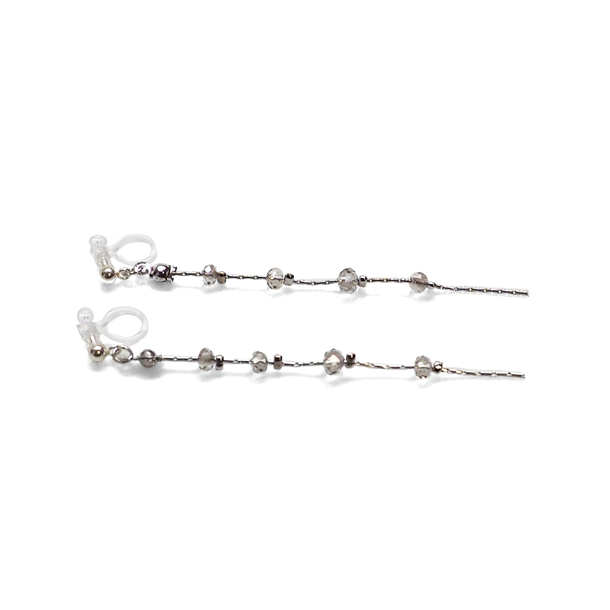 Dangle silver chain & gray crystal invisible clip on earrings - Miyabi Grace