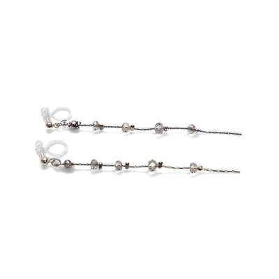 Dangle silver chain & gray crystal invisible clip on earrings - Miyabi Grace