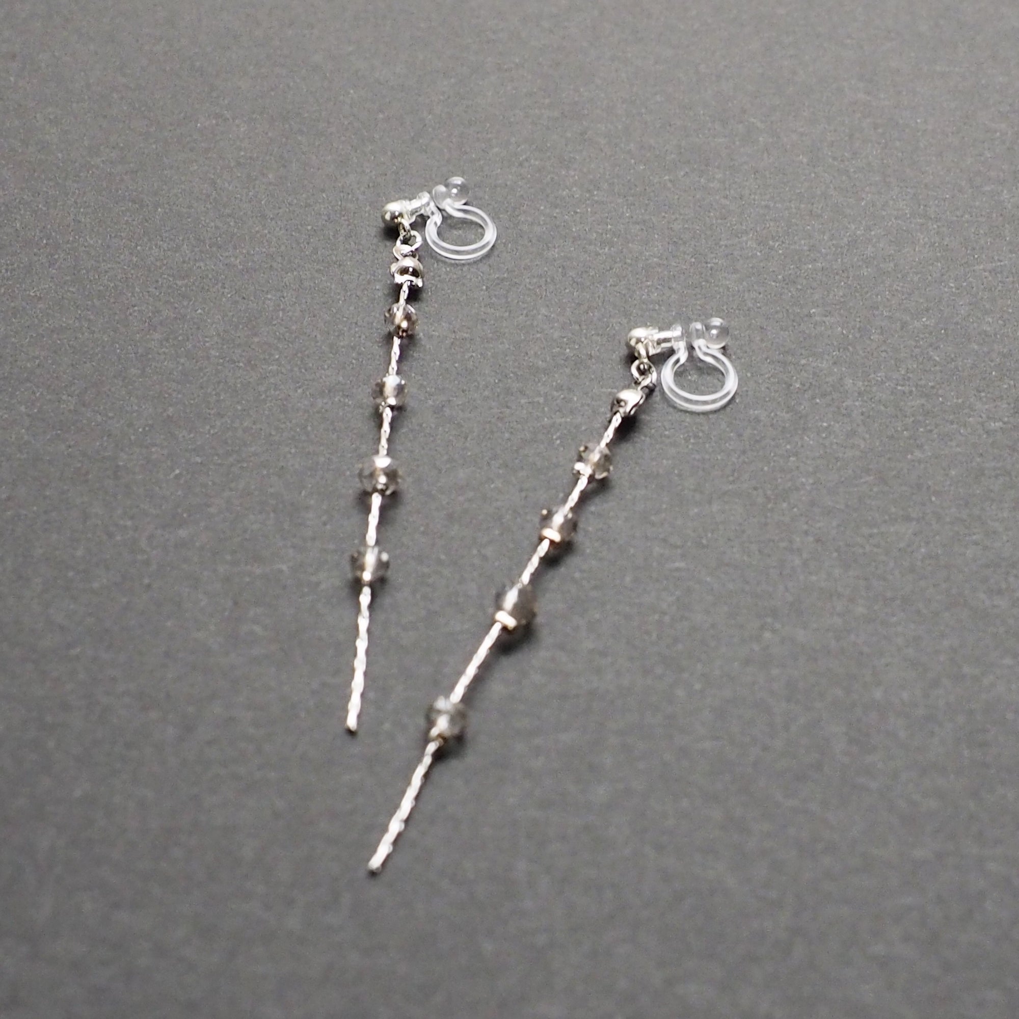 Dangle silver chain & gray crystal invisible clip on earrings - Miyabi Grace