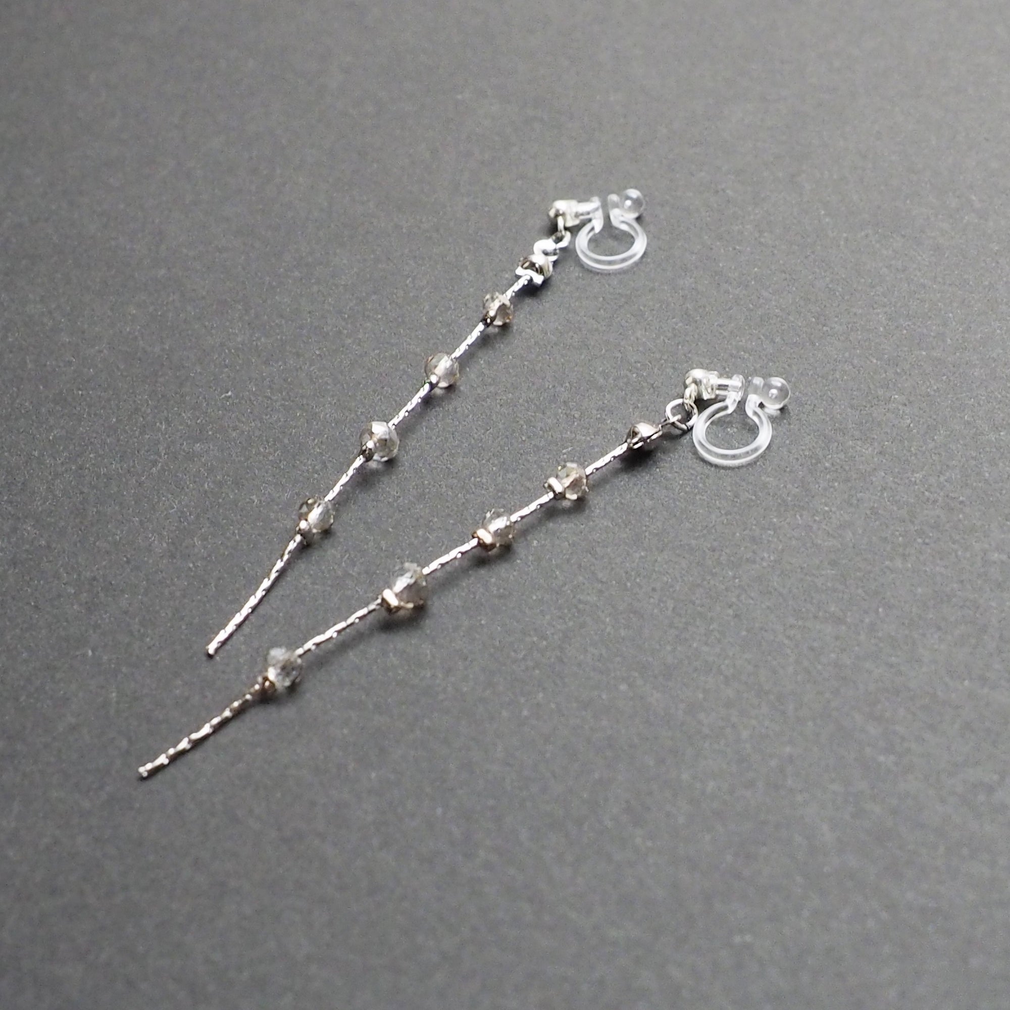 Dangle silver chain & gray crystal invisible clip on earrings - Miyabi Grace