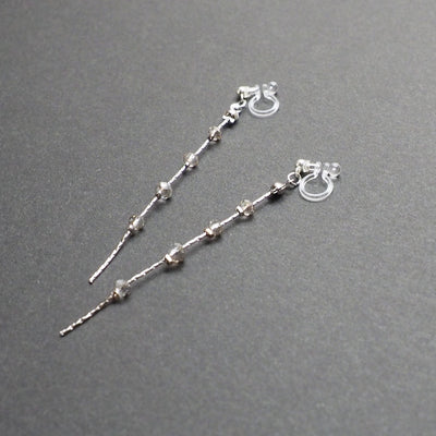 Dangle silver chain & gray crystal invisible clip on earrings - Miyabi Grace