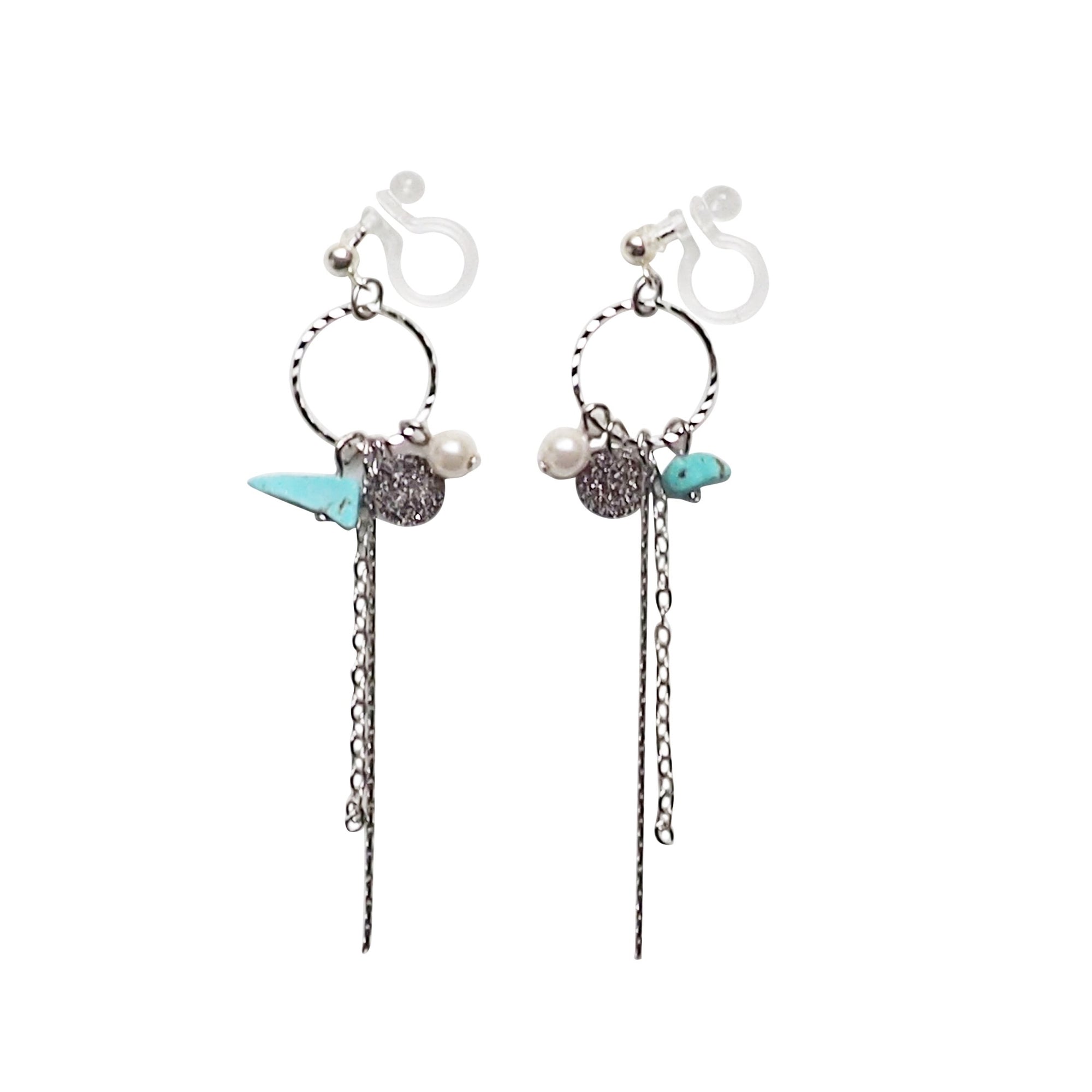Dangle silver hoop & turquoise invisible clip on earrings - Miyabi Grace