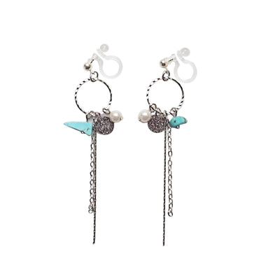 Dangle silver hoop & turquoise invisible clip on earrings - Miyabi Grace