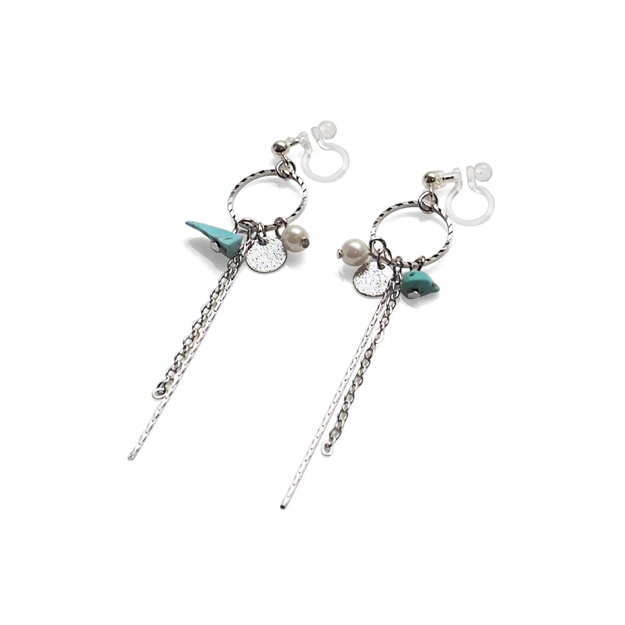Dangle silver hoop & turquoise invisible clip on earrings - Miyabi Grace