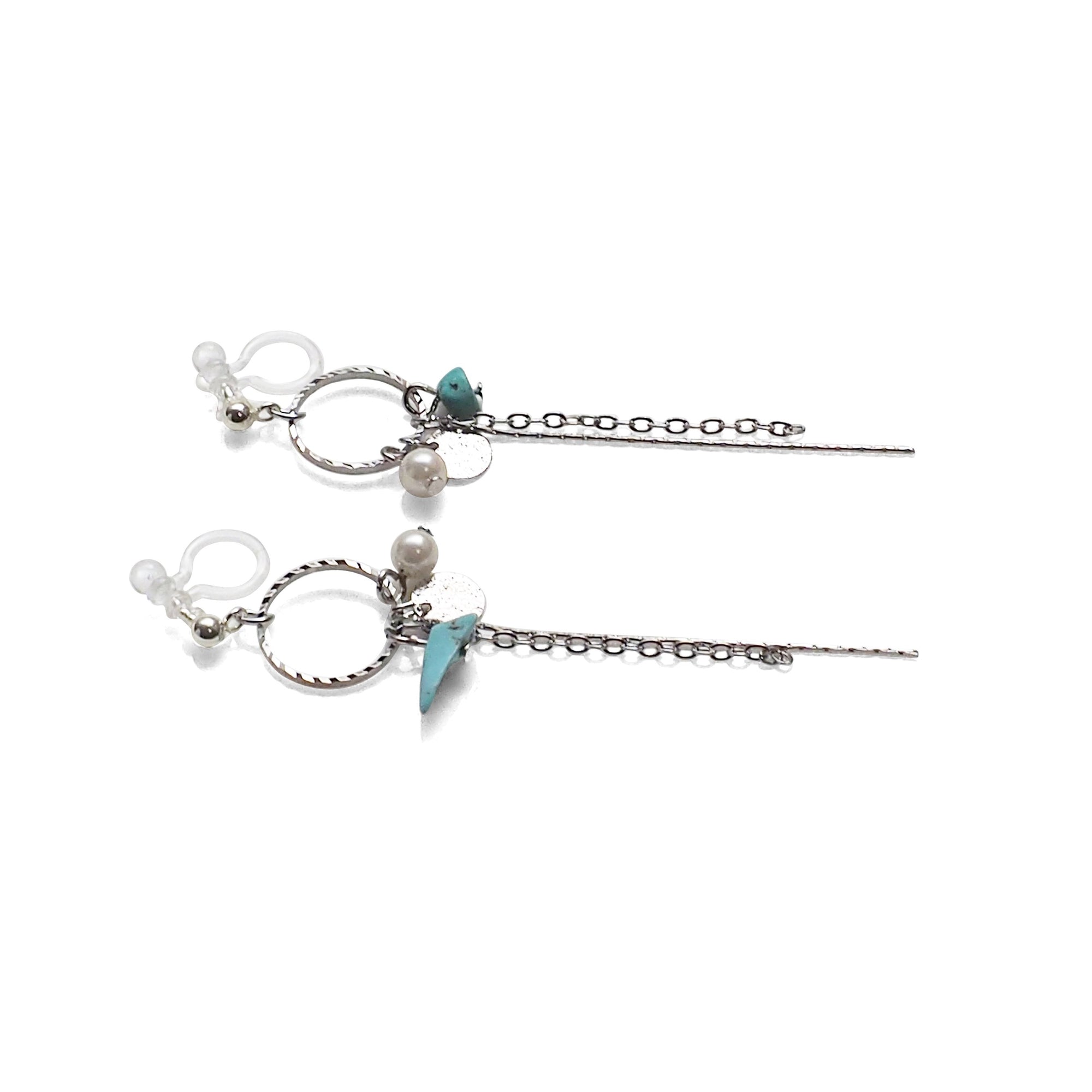 Dangle silver hoop & turquoise invisible clip on earrings - Miyabi Grace