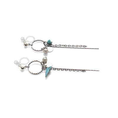 Dangle silver hoop & turquoise invisible clip on earrings - Miyabi Grace