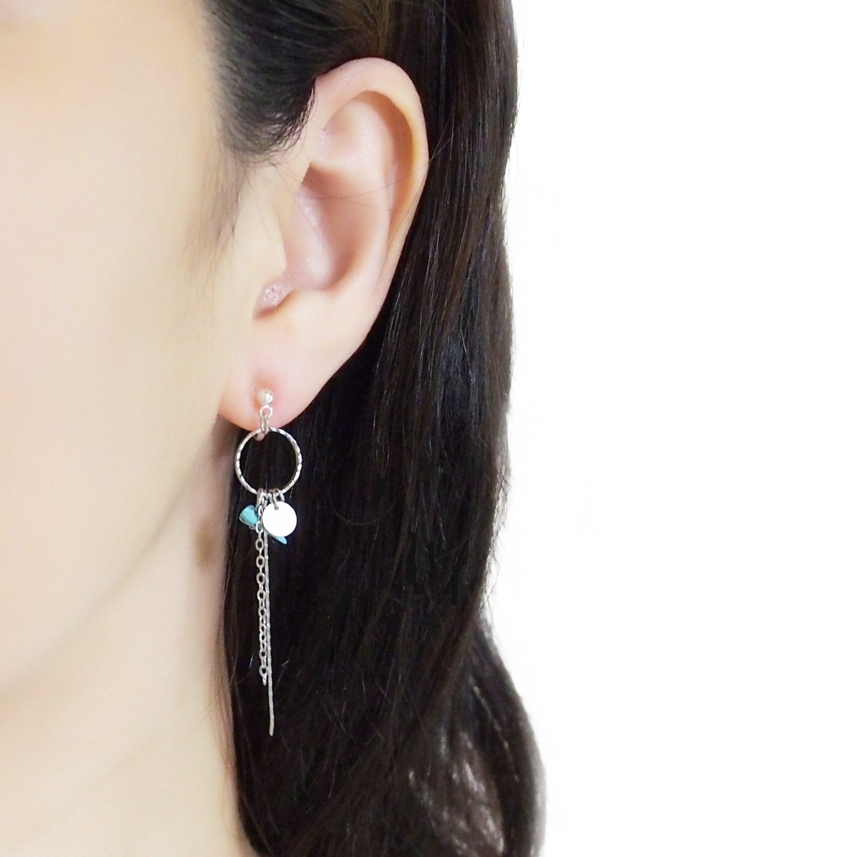 Dangle silver hoop & turquoise invisible clip on earrings - Miyabi Grace
