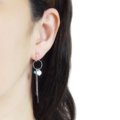 Dangle silver hoop & turquoise invisible clip on earrings - Miyabi Grace