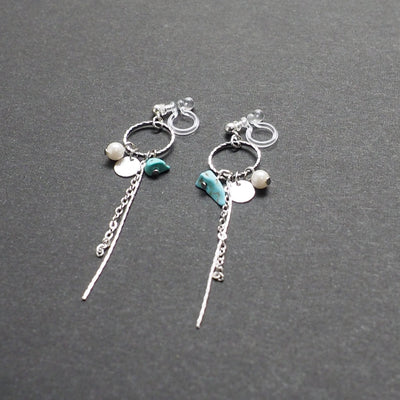 Dangle silver hoop & turquoise invisible clip on earrings - Miyabi Grace