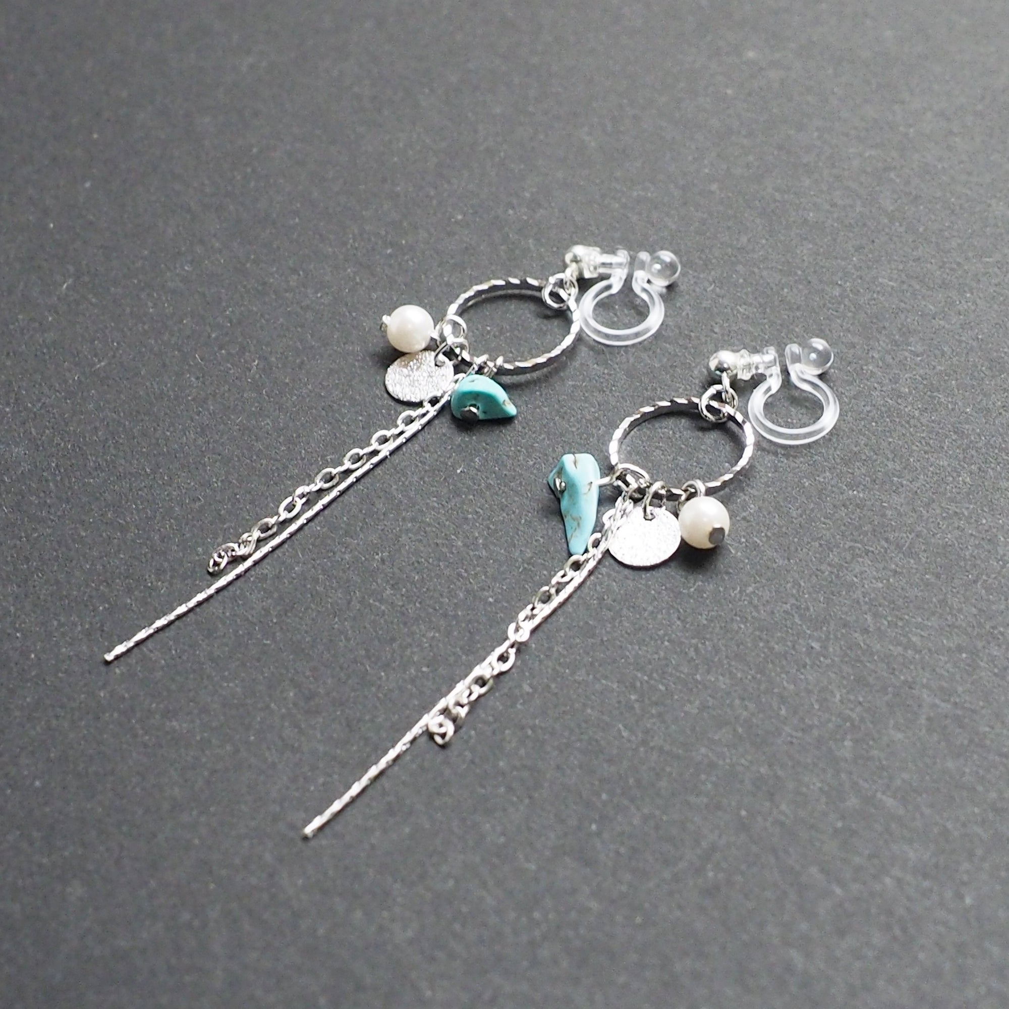 Dangle silver hoop & turquoise invisible clip on earrings - Miyabi Grace