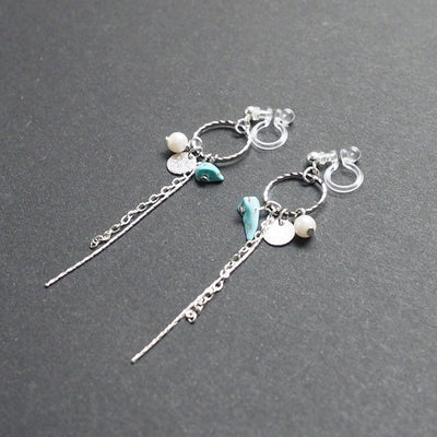 Dangle silver hoop & turquoise invisible clip on earrings - Miyabi Grace