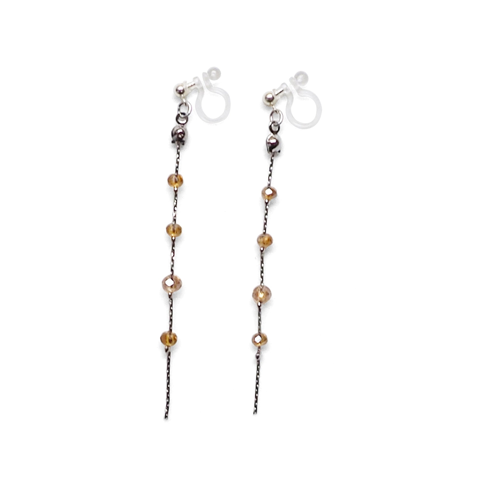 Dangle silver chain & orange crystal invisible clip on earrings - Miyabi Grace