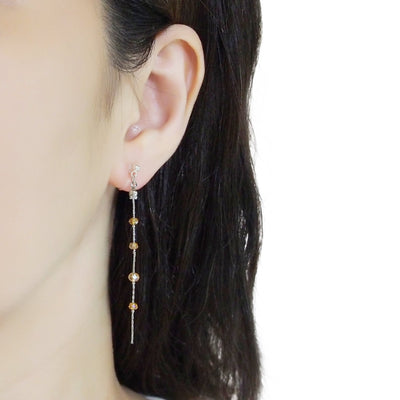 Dangle silver chain & orange crystal invisible clip on earrings - Miyabi Grace