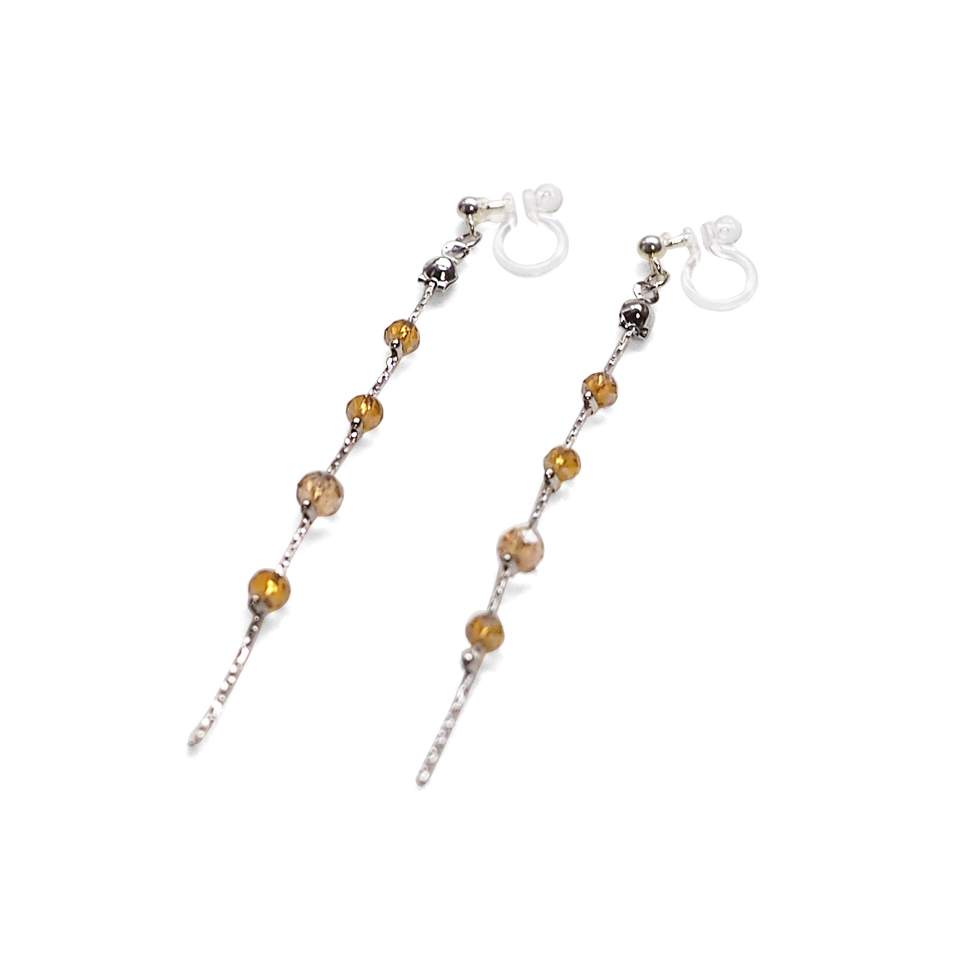 Dangle silver chain & orange crystal invisible clip on earrings - Miyabi Grace