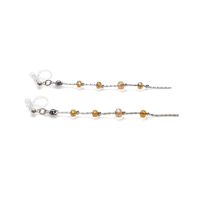 Dangle silver chain & orange crystal invisible clip on earrings - Miyabi Grace