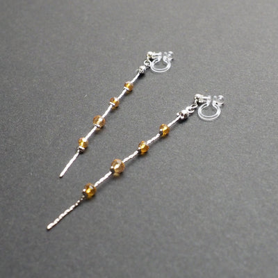 Dangle silver chain & orange crystal invisible clip on earrings - Miyabi Grace