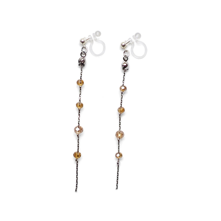 Dangle silver chain & orange crystal invisible clip on earrings - Miyabi Grace