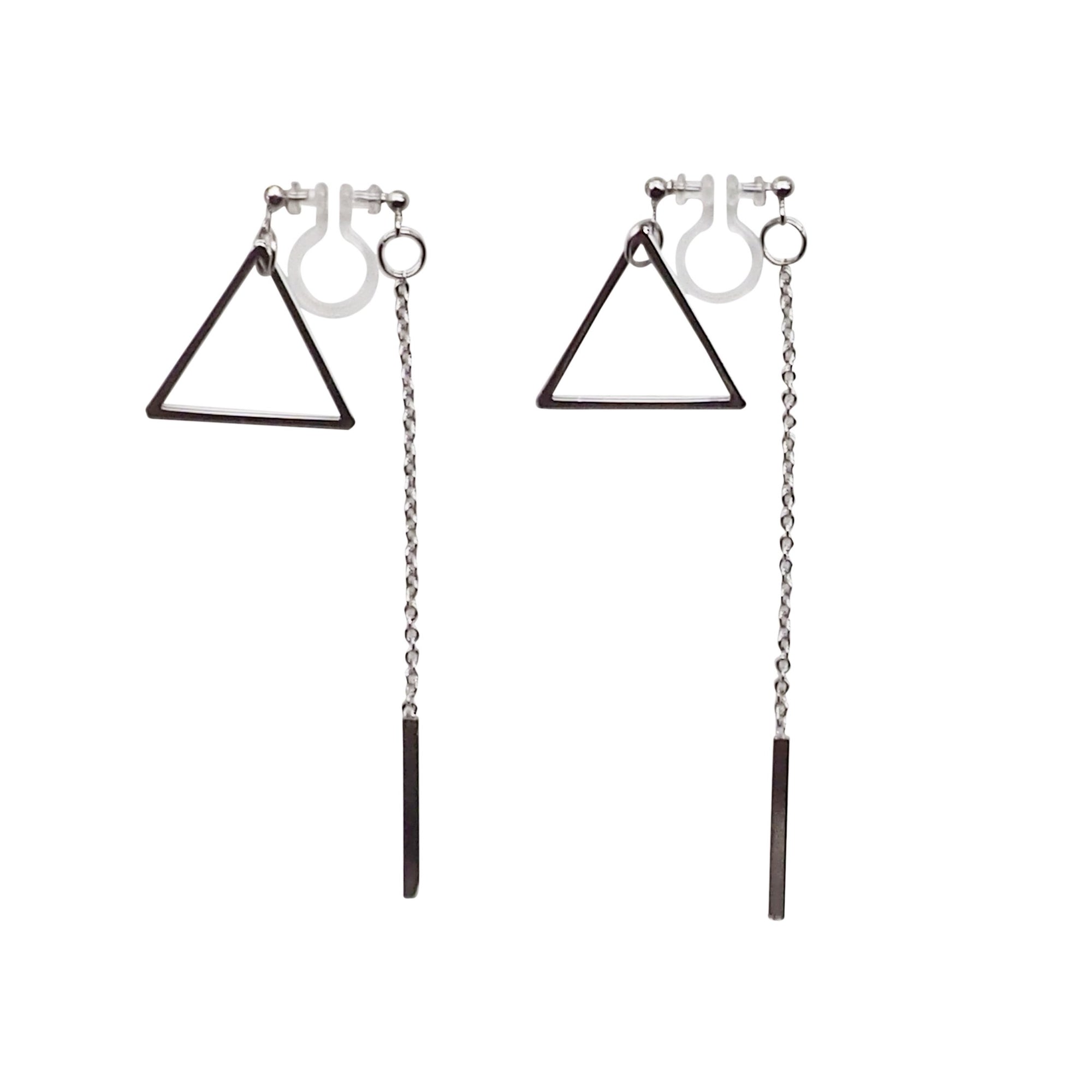 Silver Double-Sided Triangle and Bar Invisible Clip On Earrings - Miyabi Grace