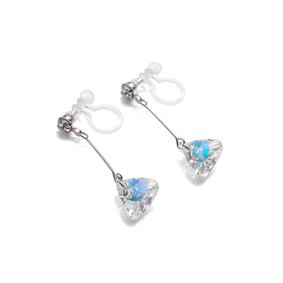 Dangle Aurora Borealis Triangle Swarovski Crystal Invisible Clip On Earrings (Silver tone) - Miyabi Grace