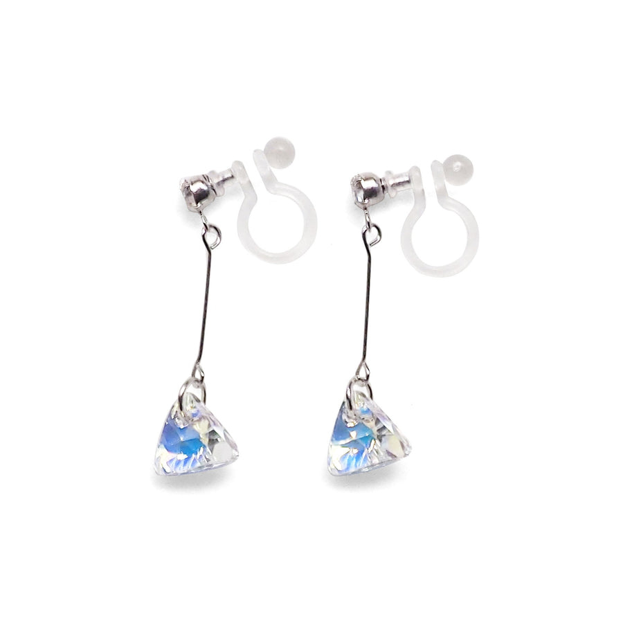 Dangle Aurora Borealis Triangle Swarovski Crystal Invisible Clip On Earrings (Silver tone) - Miyabi Grace