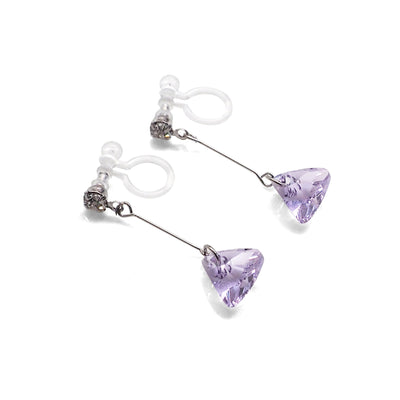 Dangle Violet Light Purple Triangle Swarovski Crystal Invisible Clip On Earrings (Silver tone) - Miyabi Grace
