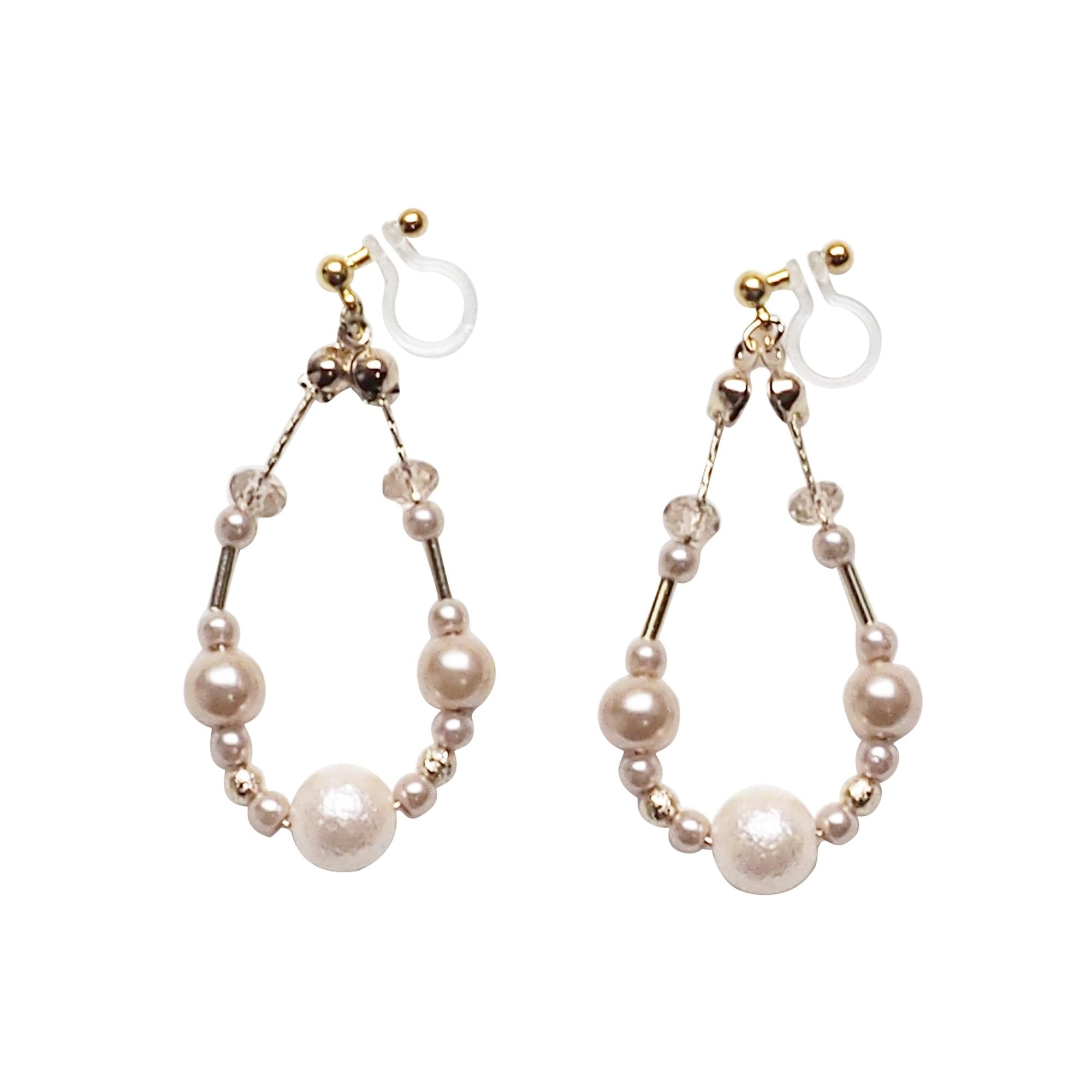 Dangle pink cotton pearls invisible clip on earrings - Miyabi Grace