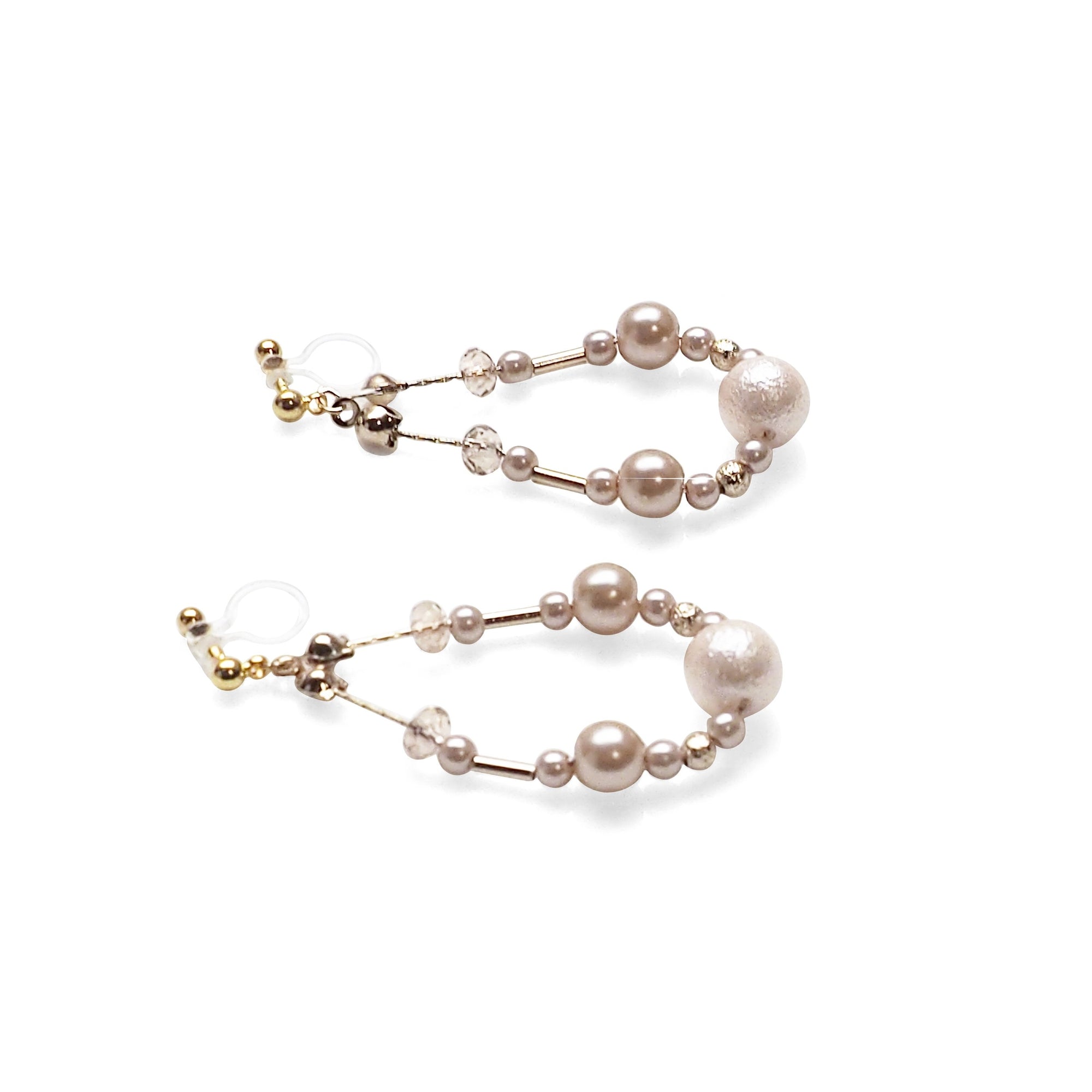 Dangle pink cotton pearls invisible clip on earrings - Miyabi Grace