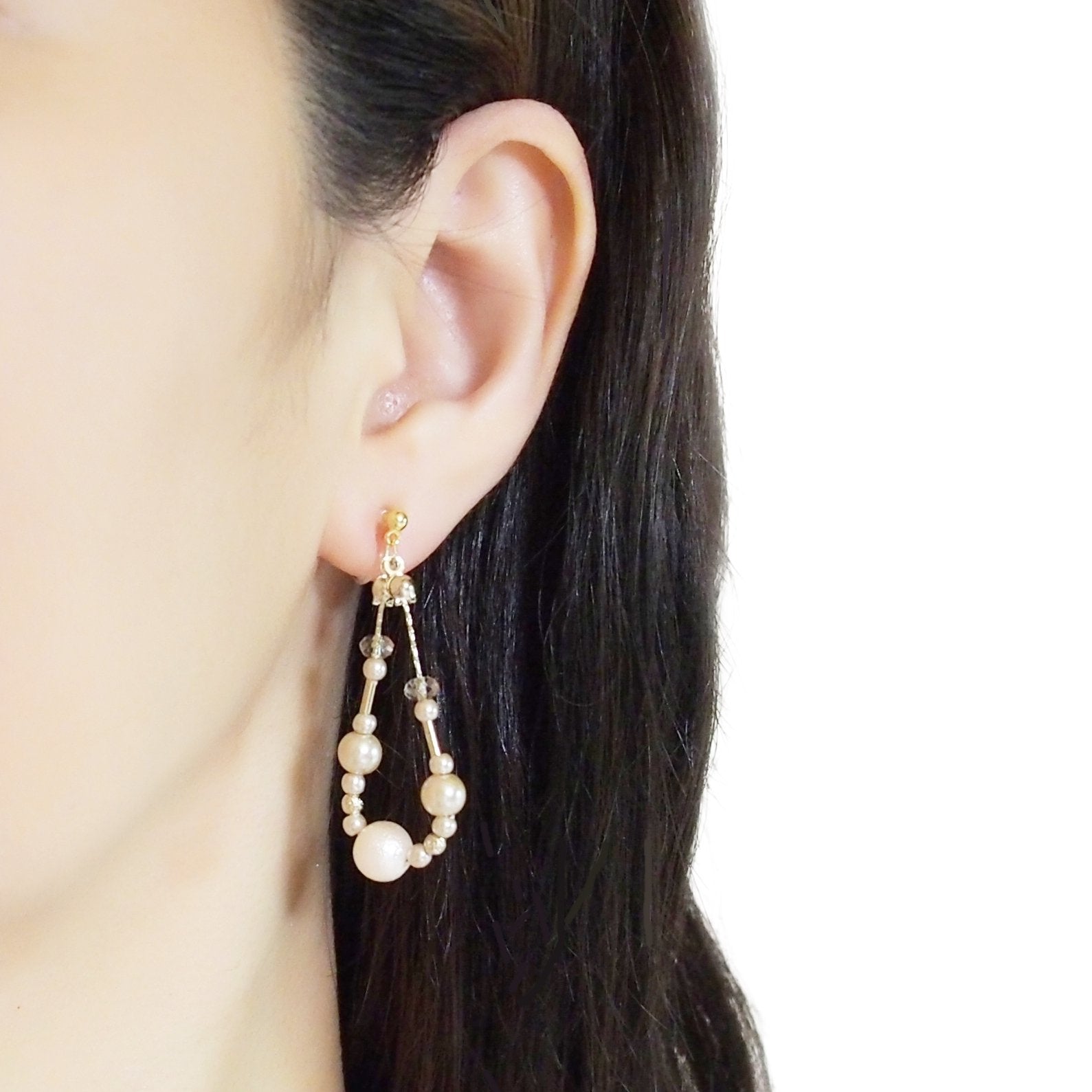 Dangle pink cotton pearls invisible clip on earrings - Miyabi Grace