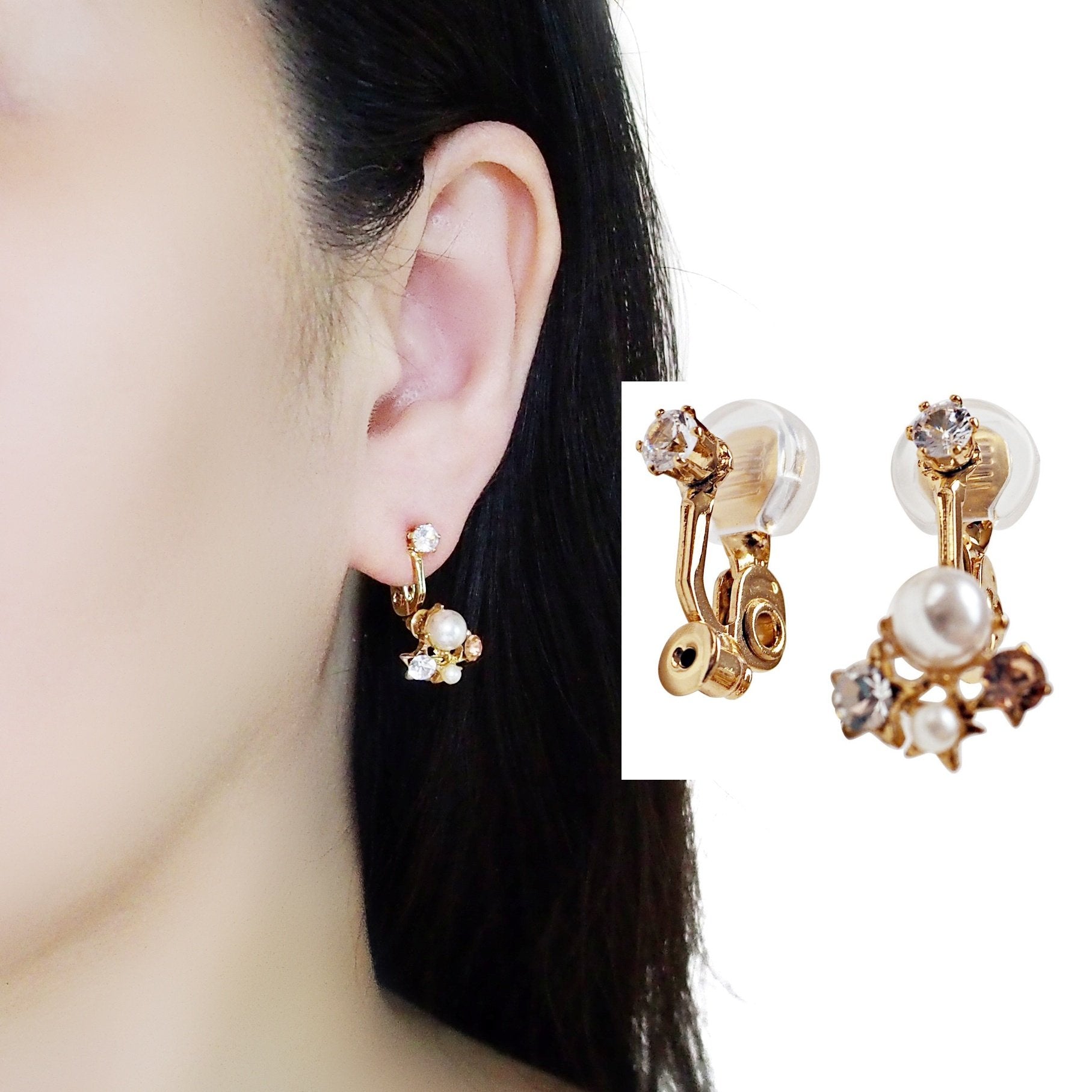 Comfortable clip angle adjustable clip on earring rhinestone converters ( Gold tone)