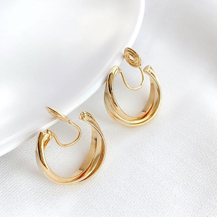 Gold 20mm Triple Hoop Clip Angle Adjustable Spiral Clip On Earrings