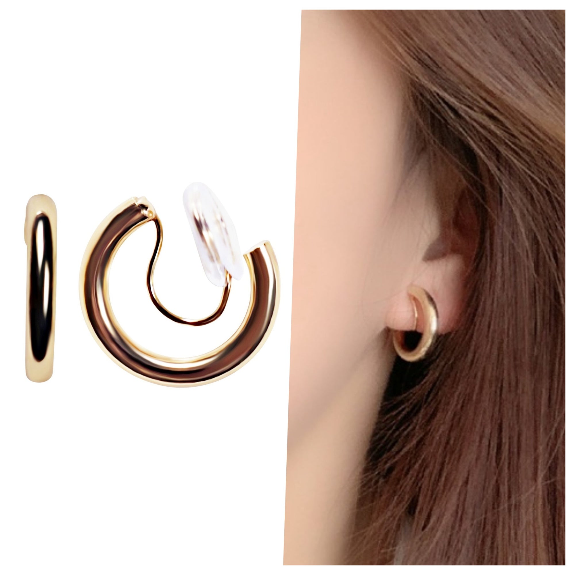 Gold 20mm Thick Hoop Clip Angle Adjustable Spiral Clip On Earrings
