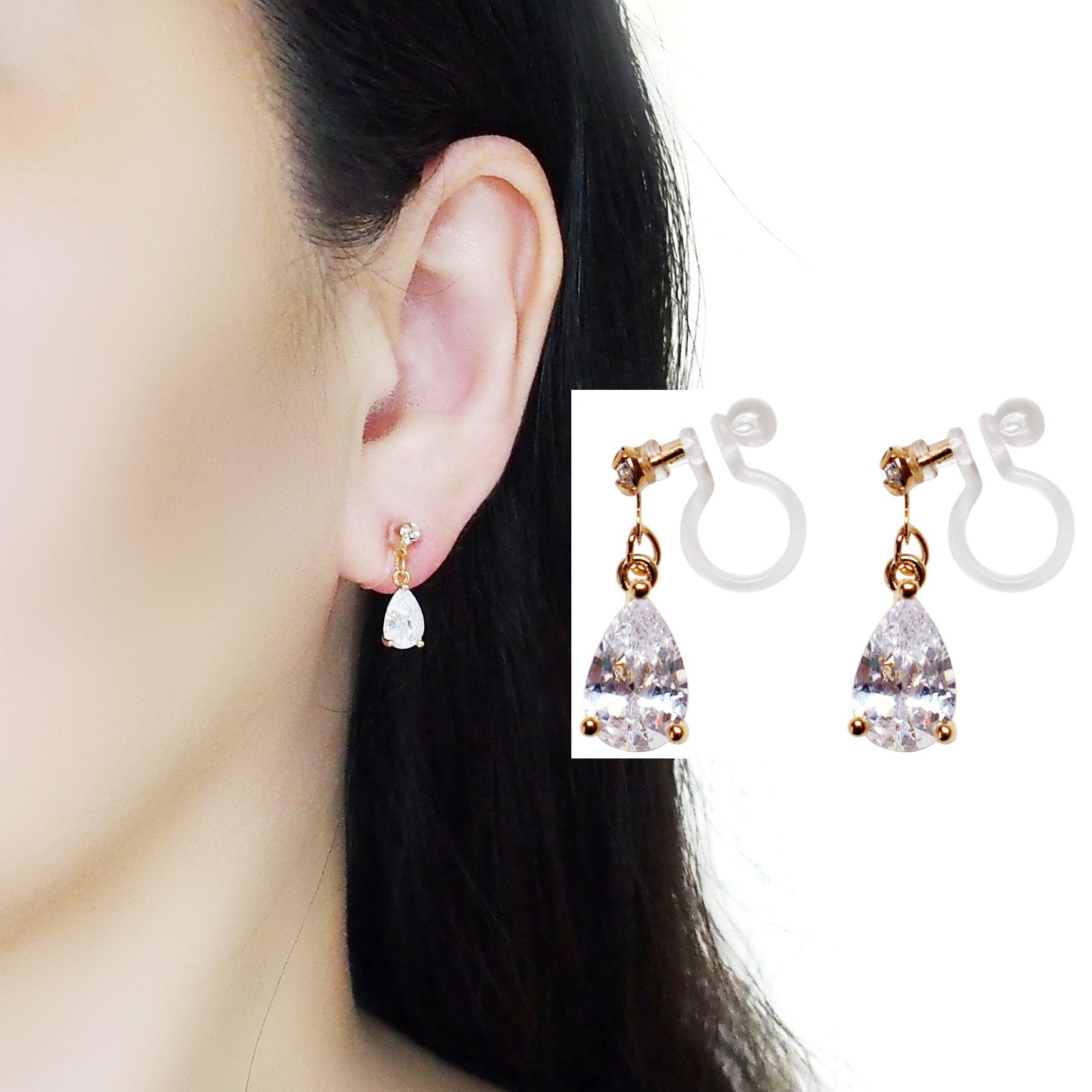 Copy of Dangle Teardrop Clear Cubic Zirconia Invisible Clip On earrings