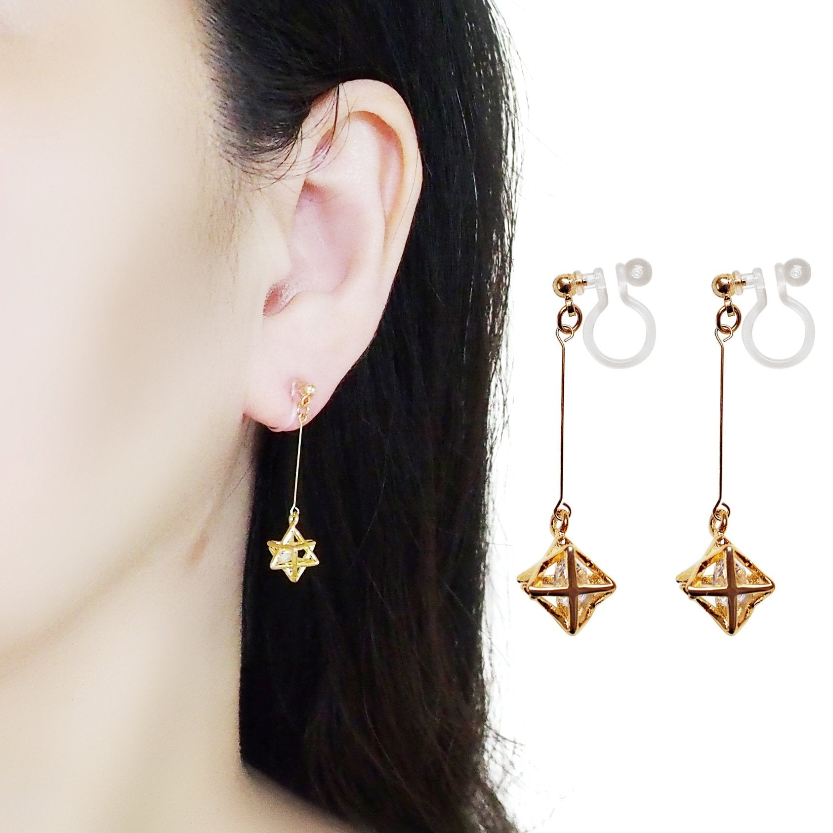 Dangle Crystal in Gold Star Invisible Clip On Earrings