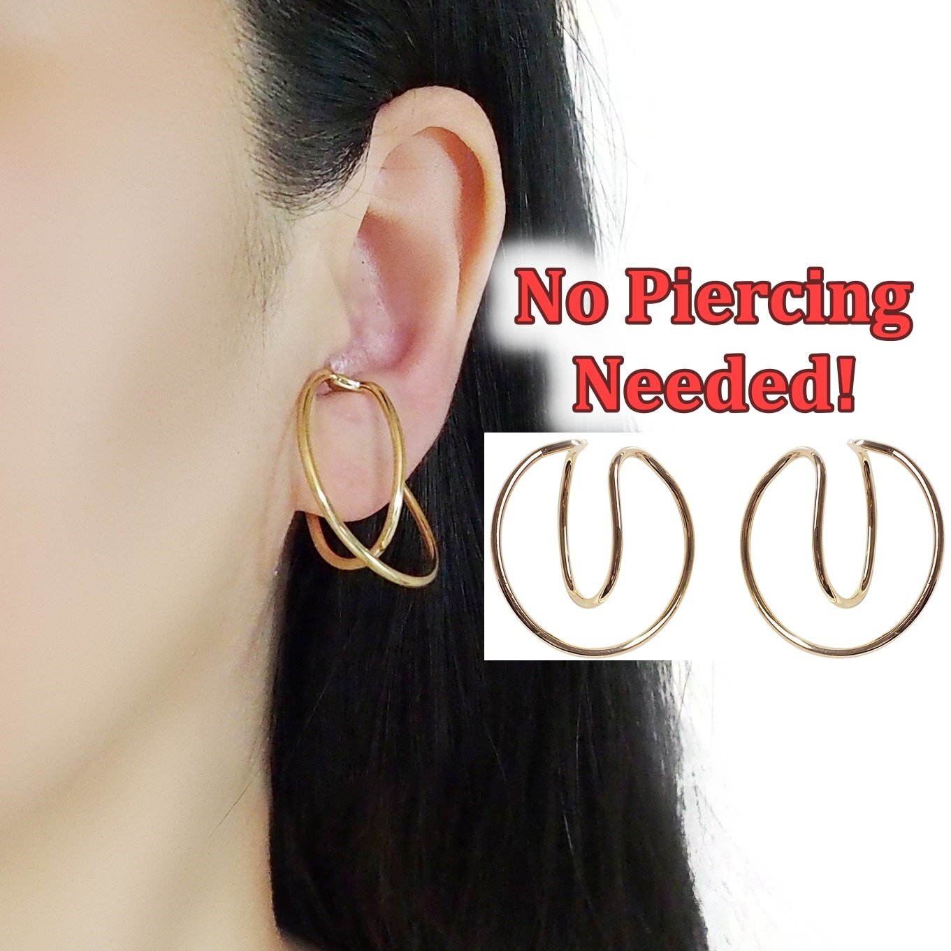 Gold Double HoopEar Cuff Clip On Earrings