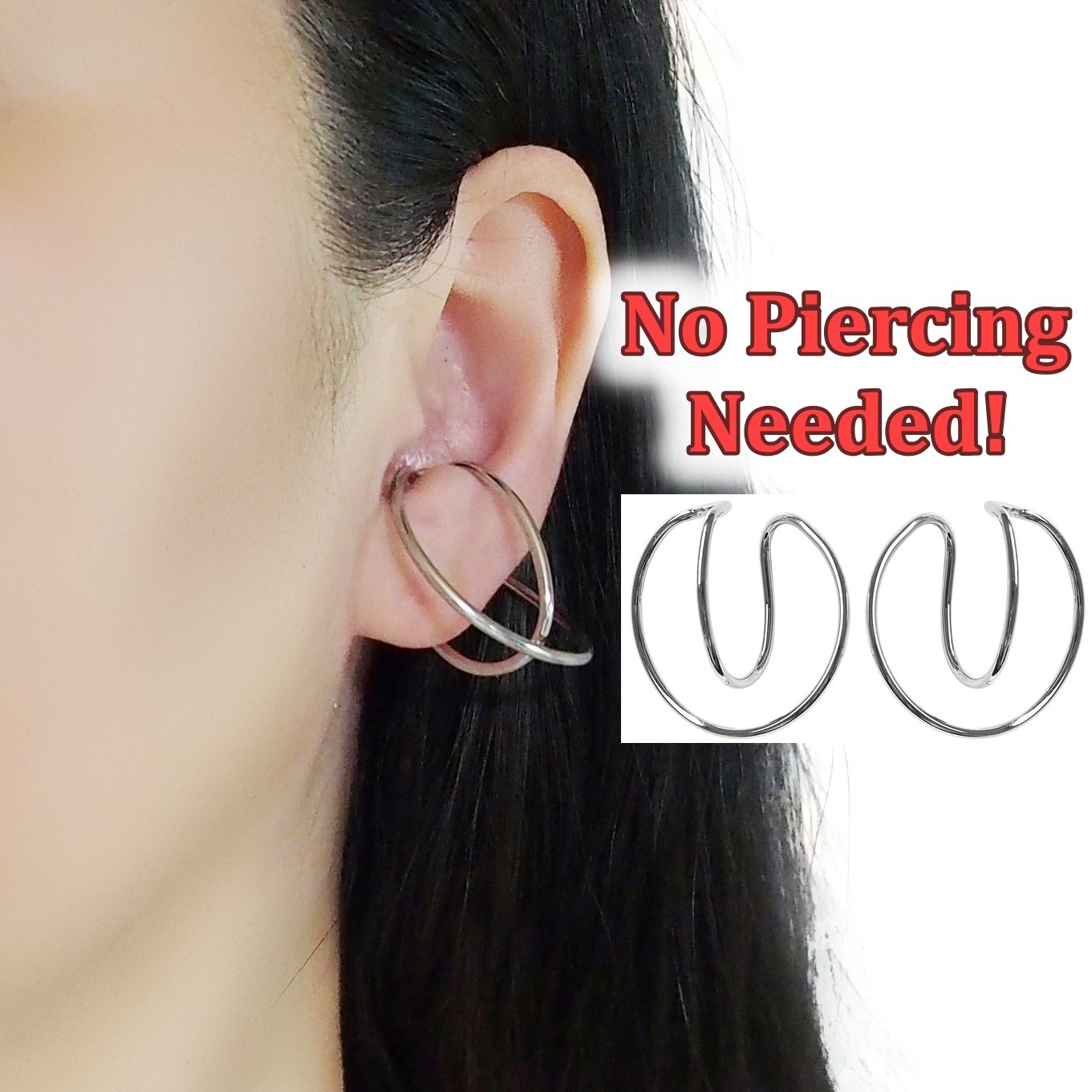 Silver Double Hoop Ear Cuff Clip On Earrings